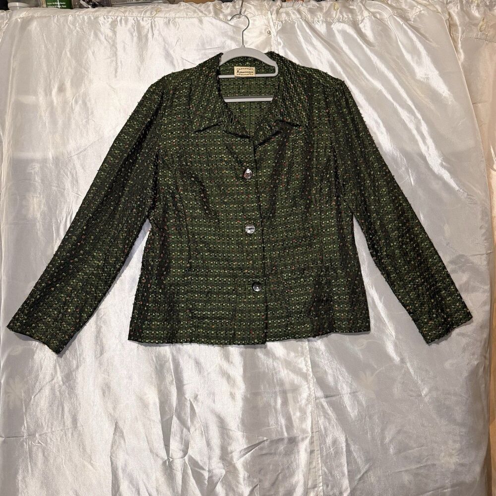 Vintage Reinassance Women’s Woven Blazer Green With Multi Colors Sz 8 W/ Pockets